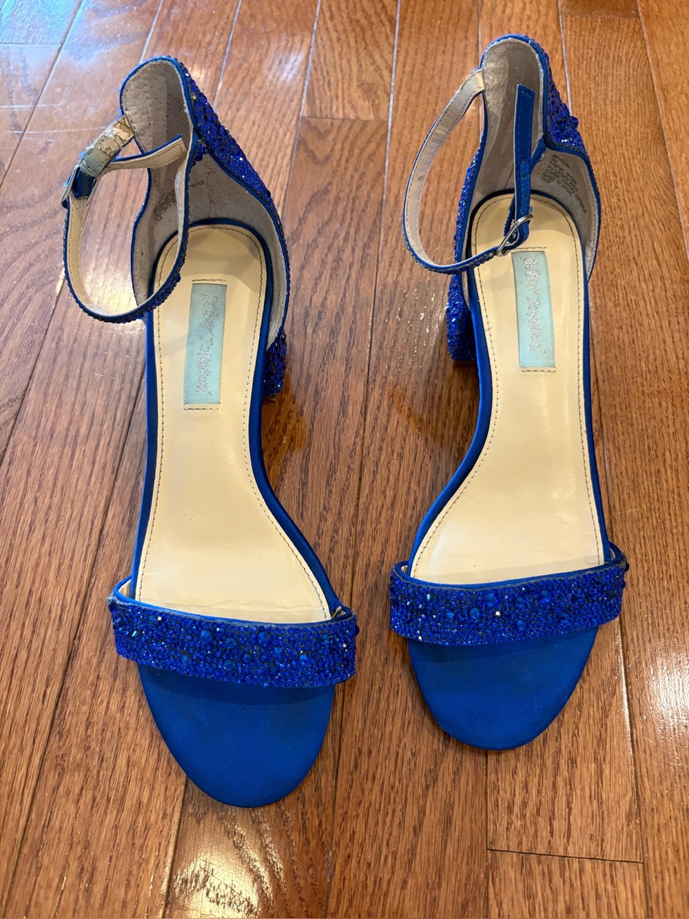 Blue Beaded Ankle-Strap Sandals by Betsy Johnson.